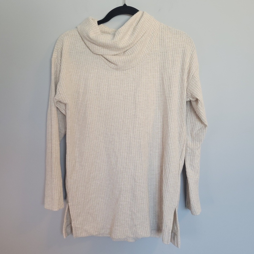 LOFT Womens XS Cowl Neck Tunic Top Gold Metallic Waffle Knit Cream Long Sleeve